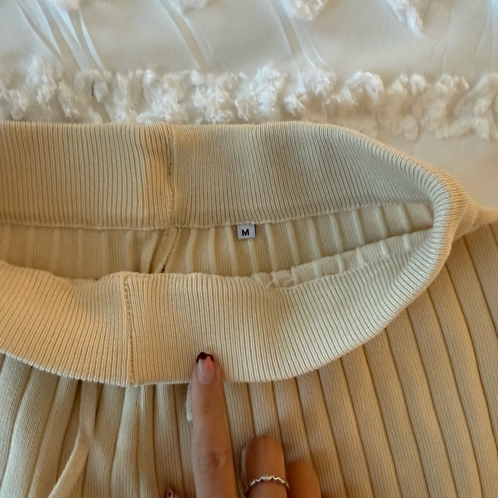 Cream Ribbed Wide-Leg Pants - Picture 2 of 2